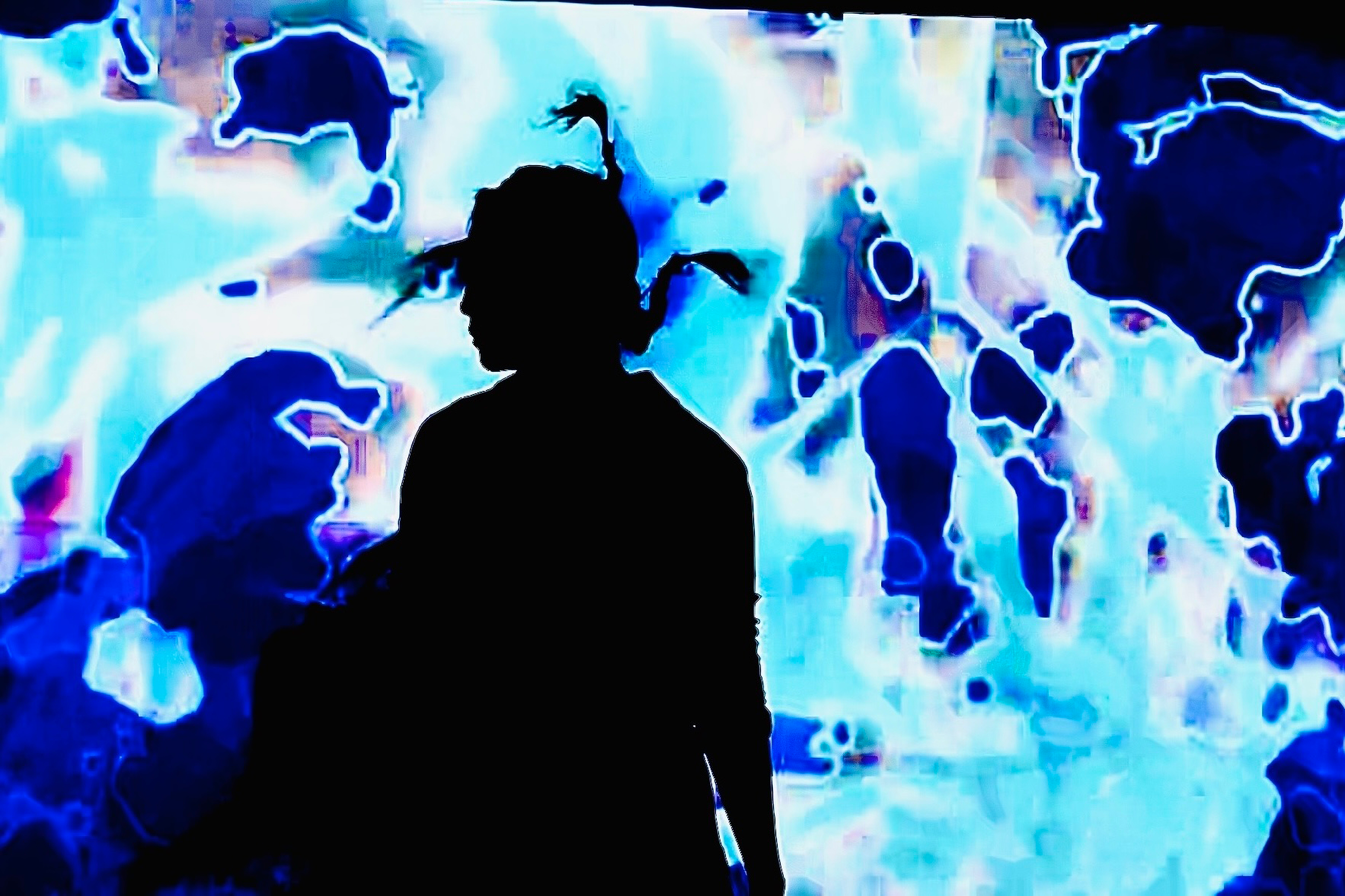 Interactive projection installation, blue world map motif