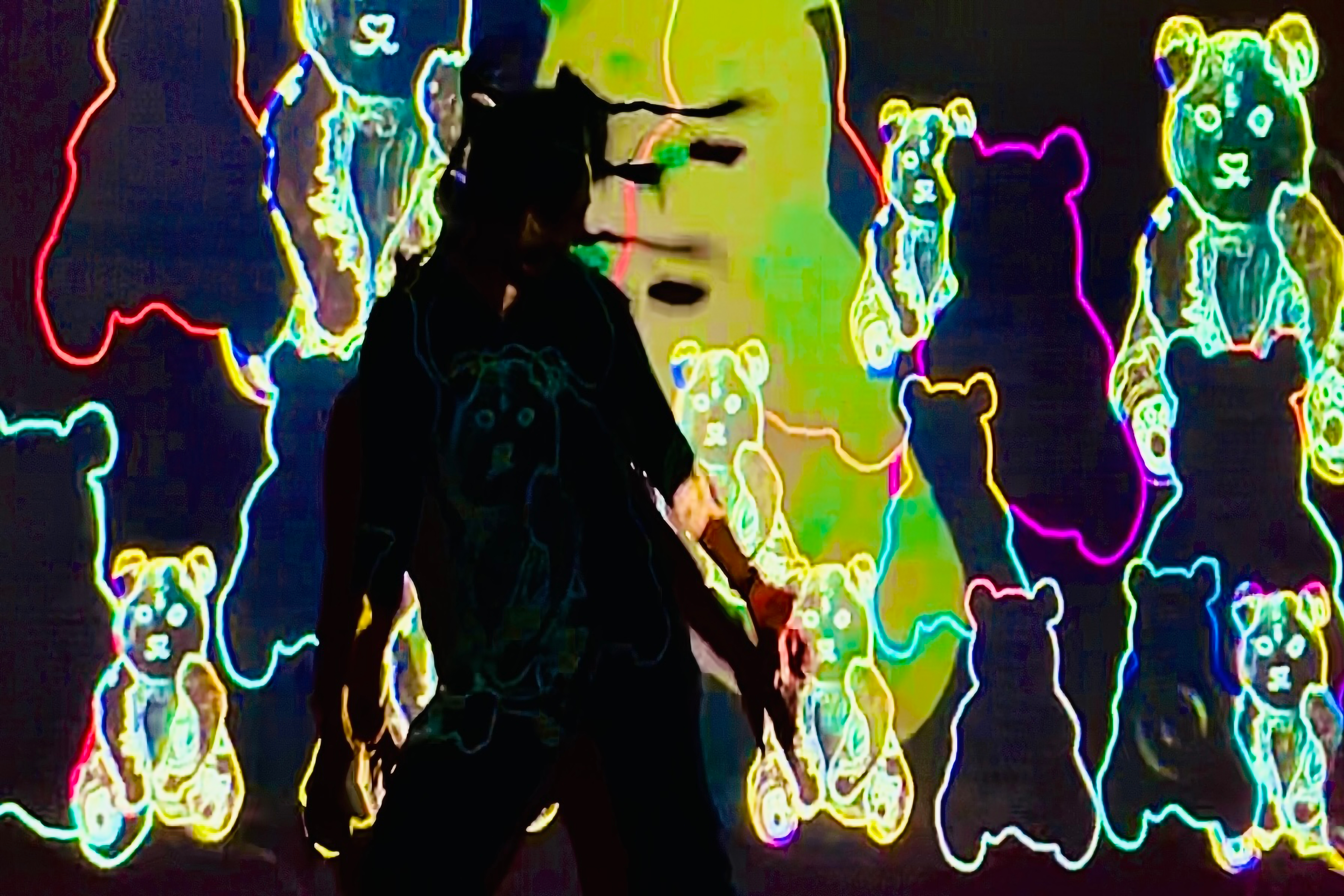 Interactive projection installation, neon bear motif